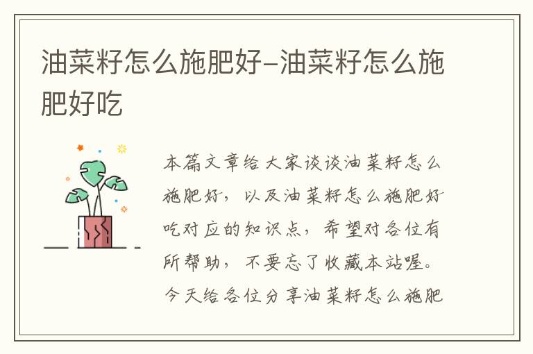 油菜籽怎么施肥好-油菜籽怎么施肥好吃