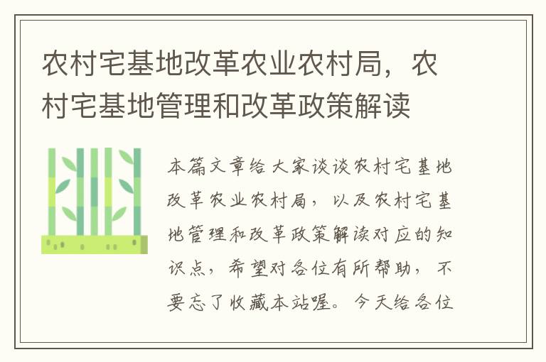 农村宅基地改革农业农村局，农村宅基地管理和改革政策解读