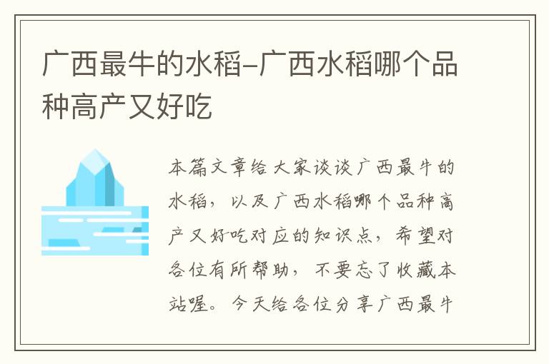 广西最牛的水稻-广西水稻哪个品种高产又好吃