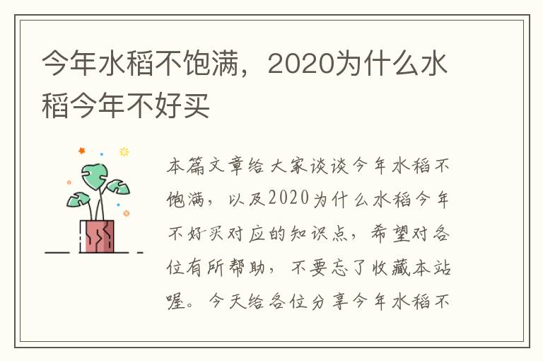 今年水稻不饱满，2020为什么水稻今年不好买