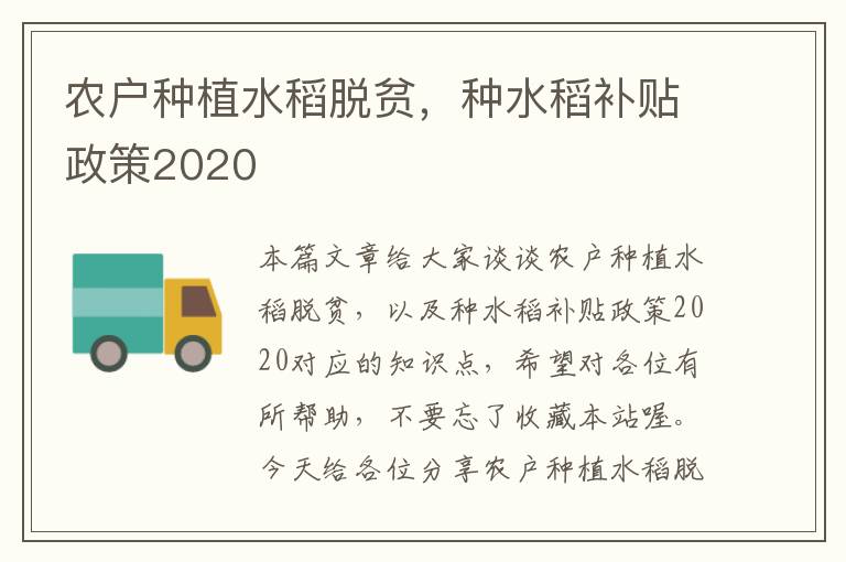 农户种植水稻脱贫，种水稻补贴政策2020