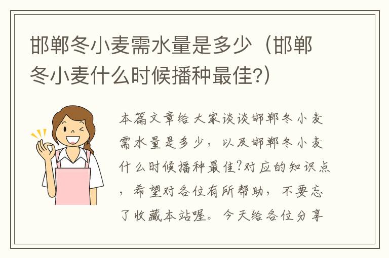 邯郸冬小麦需水量是多少（邯郸冬小麦什么时候播种最佳?）