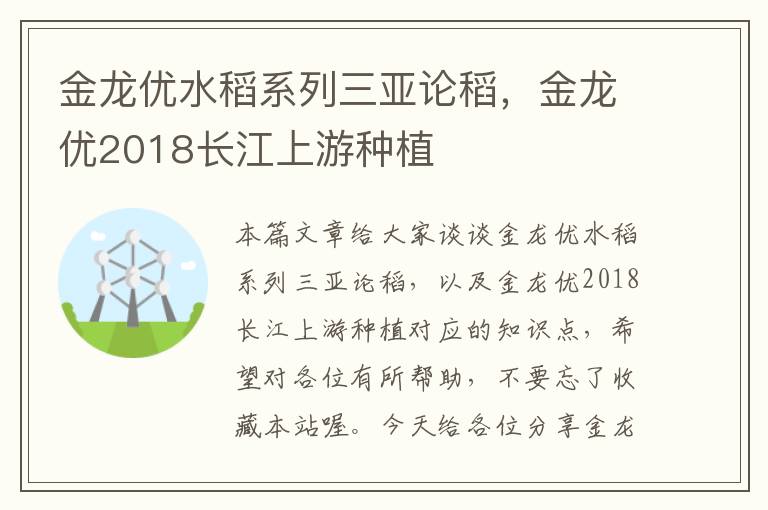 金龙优水稻系列三亚论稻，金龙优2018长江上游种植