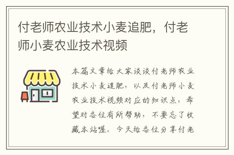 付老师农业技术小麦追肥，付老师小麦农业技术视频