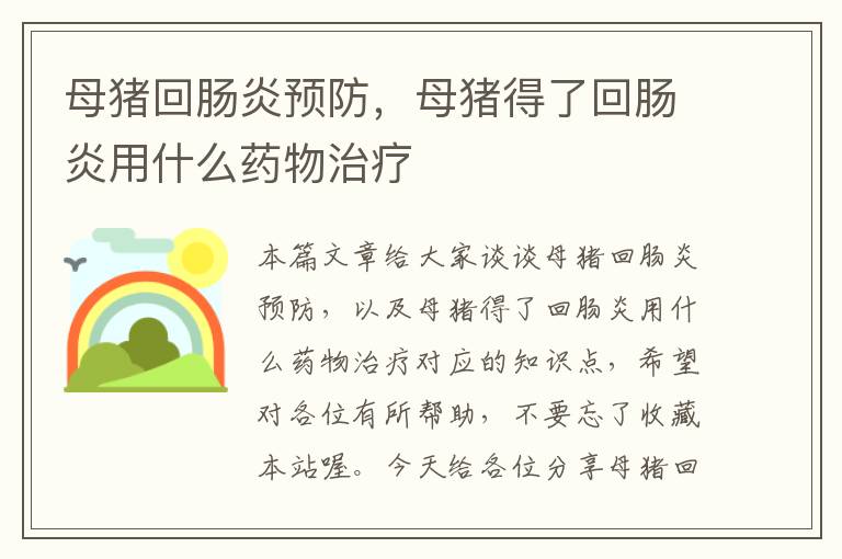 母猪回肠炎预防，母猪得了回肠炎用什么药物治疗