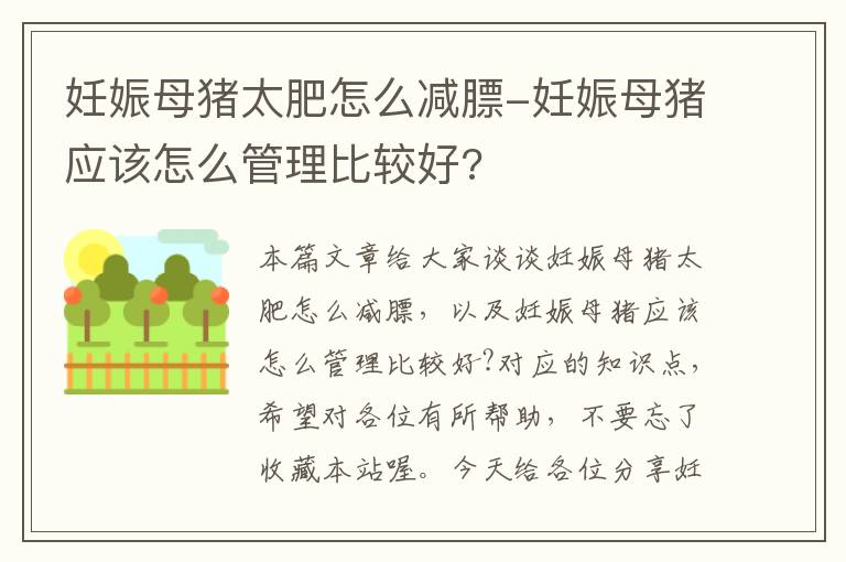 妊娠母猪太肥怎么减膘-妊娠母猪应该怎么管理比较好?