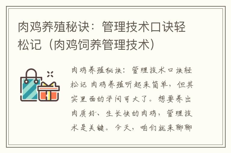 肉鸡养殖秘诀：管理技术口诀轻松记（肉鸡饲养管理技术）