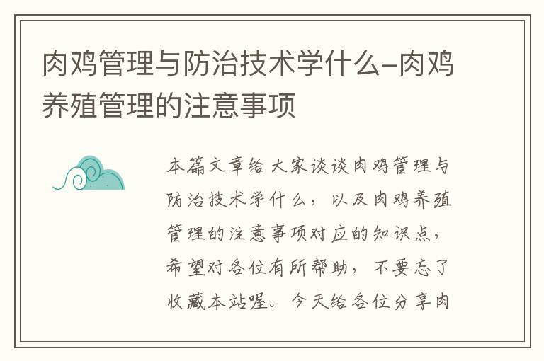 肉鸡管理与防治技术学什么-肉鸡养殖管理的注意事项