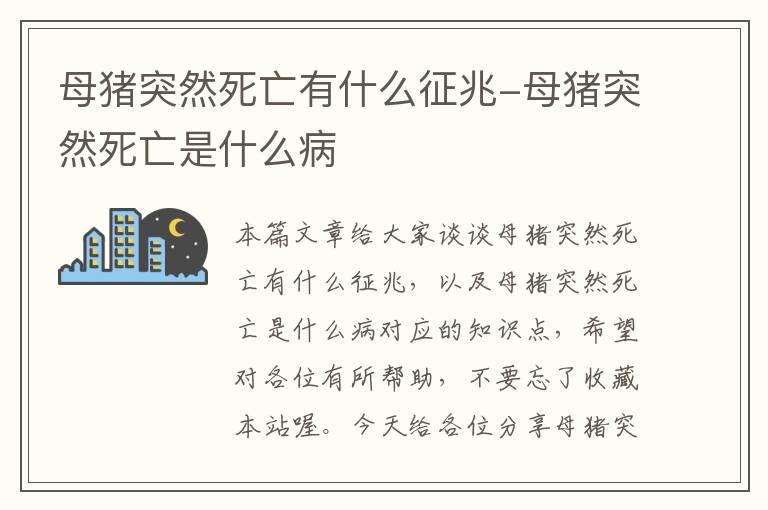 母猪突然死亡有什么征兆-母猪突然死亡是什么病