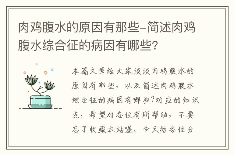 肉鸡腹水的原因有那些-简述肉鸡腹水综合征的病因有哪些?