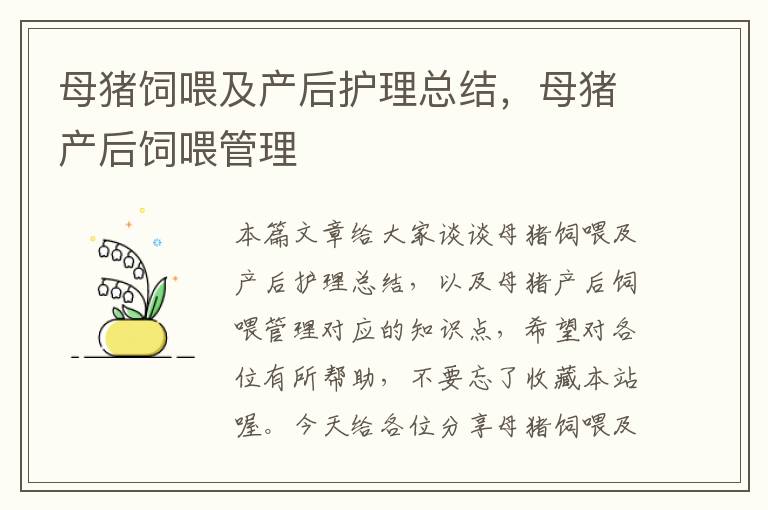 母猪饲喂及产后护理总结，母猪产后饲喂管理