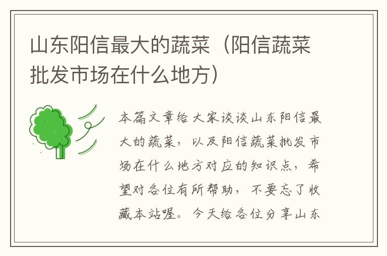 山东阳信最大的蔬菜（阳信蔬菜批发市场在什么地方）